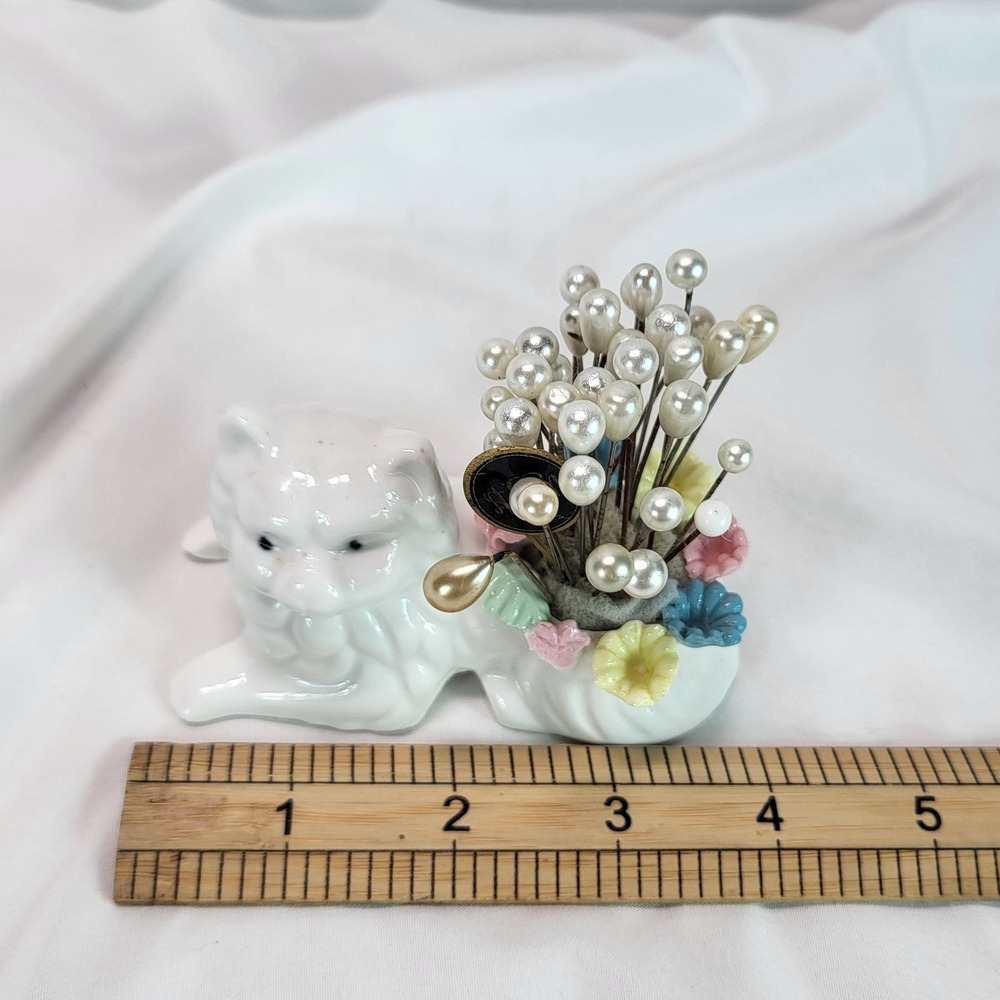 Vintage Ceramic White Cat Pin Cushion with Pearlized Hat Pins Floral Detail - Picture 12 of 13